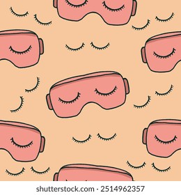 Pink sleeping mask seamless pattern with little eyes closed, fluffy mask, nap time.