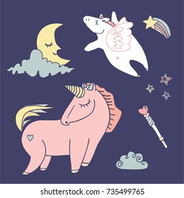pink sleeping unicorn and pony at the night sky, sleeping moon on the cloud, shining stars. children dreams, tender wallpaper, cute background, vector illustration
