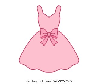 Pink sleeveless dress illustration with cute bow detail in feminine elegant style, ideal for birthday party decorations, fashion designs, greeting cards, and celebration projects. Vector illustration.