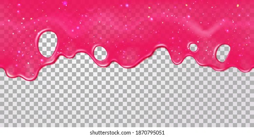 Pink slime drip. Dripping caramel, jelly or gum. Glitter slimes with girly glossy texture. Realistic paint or nail polish vector background. Dessert glaze colorful border template on transparent