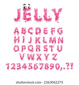 Pink slime font. Gum alphabet, dripping melted letters cartoon bubblegum kid typography, sweet jelly drip drop liquid sticky text type number and letter, classy vector illustration of alphabet slime