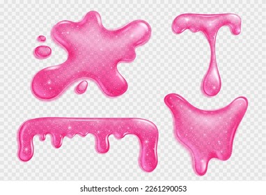 Pink slime, jelly stain, liquid dripping sauce or glue realistic vector isolated illustration on transparent background. Blot of juice or slimy poison splash