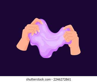 Pink slime toy in hands, flat vector illustration isolated on dark background. Sticky and gooey mucus toy for kids. Hands playing with homemade sticky glue.
