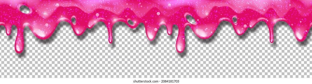 Fondo de brillo de vectores de deslizamiento rosado, textura de goteo líquido de borde sin soldadura caricatura pegajosa tóxica. Jarabe de goma colorido sobre fondo transparente marco de moco de Halloween. Clísico de limo rosado realista