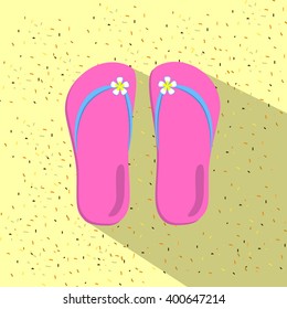 Pink slippers on the beach flat style vector illustration, summer vacation concept illustration, seaside beach day illustration, summer holiday at the beach, beach wear illustration, woman beach wear