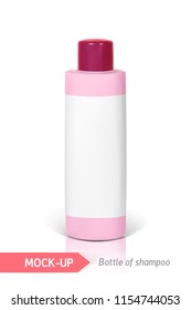 pink small bottle of shampoo with label. Mocap for presentation of label design.