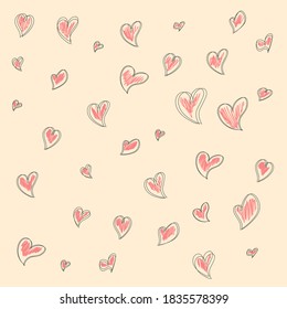 Pink small color hearts with outline on a soft beige background vector. Illustration with love concept for Valentine's Day. Beautiful design for wedding invitation. Art deco style. Seamless pattern