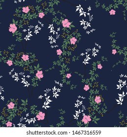 pink small floral flowers with leaves pattern on navy background