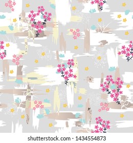pink small flowers pattern on grey seamless background