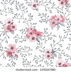 Pink small flowers seamless pattern for fabric and Wallpaper. Flowering Apple tree and small leaves.