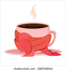 Pink small round cup of coffee wrapped in a scarf. Isolated vector image of a hot cup with a fragrant hot drink on a white background