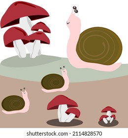 pink small snail red mushroom vector illustration