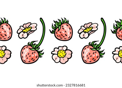  Pink small strawberries and flowers. Seamless pattern. Banner with color berries. Hand-drawn flat image. Vector illustration on a white background.