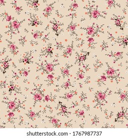 pink small vector flowers with brown leaves pattern on cream background