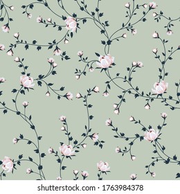 pink small vector flowers with green leaves pattern on green background