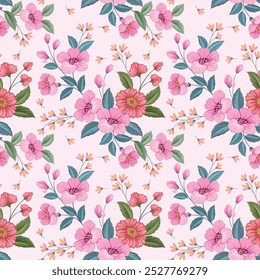 Pink and small yellow flowers on light color backgruond for fabric textile wallpaper gift wrapping paper.