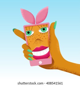 Pink smart phone with bunny ears holding in woman hand. Cartoon smiling woman selfie.