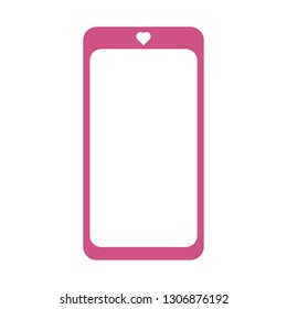 pink smartphone with blank white screen and small heart shape as receiver isolated on white background; romantic love concept. vector illustration