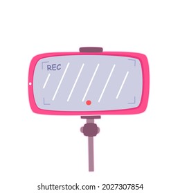 Pink smartphone display with rec indicator ready for shooting video on tripod vector flat illustration. Mobile phone screen camera application isolated on white. Modern device interface for recording