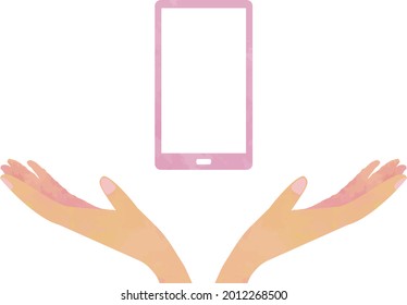 Ein rosafarbenes Smartphone mit beiden Händen