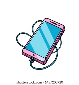 pink smartphone mobile phone gadget. Comic cartoon pop art retro vector drawing illustration