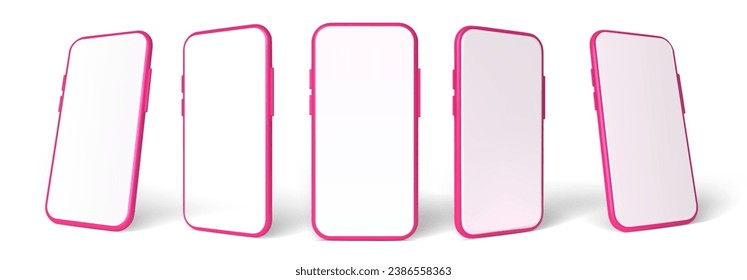 Pink smartphone mockup in 3D Style. Vector template set. Mobile phone front view on the white background