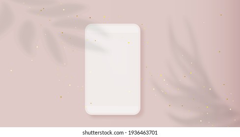 Pink smartphone mockup. Cellphone frame with tropical shadow of leaf on a pink. Mobile device concept. Vector.