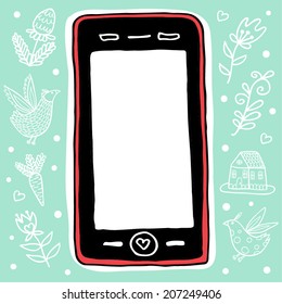 Pink smartphone on green background.