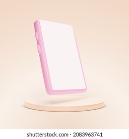 Pink smartphone on platform. 3d mobile phone template with empty screen. Pink studio background. Vector illustration