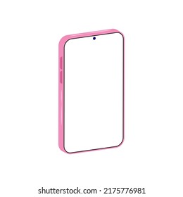 Posición rotada del smartphone rosado con pantalla en blanco. Vista de perspectiva del teléfono móvil. Aislado sobre fondo blanco. Ilustración vectorial.