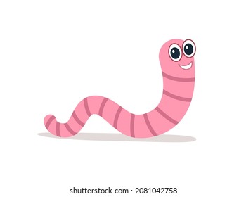 Pink smile worm,  vector In flat style. Earthworm is a cartoon character. Isolated illustration Worm on white background.