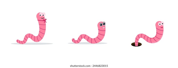 Pink smile worm,  vector In flat style. Earthworm is a cartoon character. Isolated illustration Worm on white background.