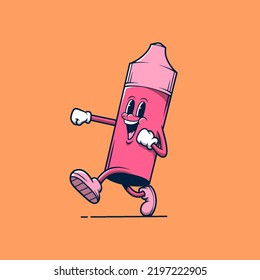 Pink smiley vape store mascot walking. Retro vintage cartoon logo illustration.