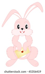 Pink smiling bunny with letter. Isolated on a white. Vector illustration