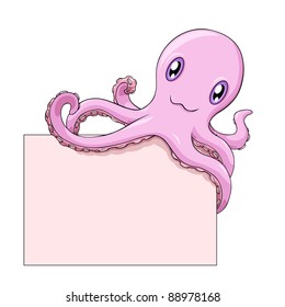 Pink smiling cartoon octopus holds a blank on white background; vector illustration