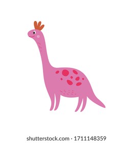 Pink smiling dinosaur, large cartoon dino with long neck smiling, extinct animal in hand drawn comic style, funny friendly character for kids isolated on white background, vector illustration