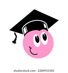 Pink smiling emoticon with graduation cap. Vector icon