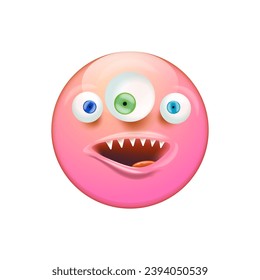 Pink Smiling Face with monster mouth and eyes isolated on white background. Pink monster smiley face character with white vampire teeth. Halloween day concept illustration, sticker, print and icon