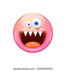 Pink Smiling Face with monster mouth and eyes isolated on white background. Pink monster smiley face character with white vampire teeth. Halloween day concept illustration, sticker, print and icon