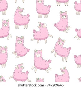 Pink smiling llama (alpaca) in different poses on white seamless pattern.