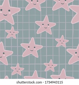 Pink smiling stars seamless pattern on stripes background. Character star shapes elements wallpaper. Design for baby fabric, textile print, wrapping paper, cover, packing. Vector illustration.