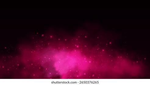 Nuvem de fumaça rosa com partículas cintilantes flutuando no espaço escuro - névoa magenta brilhante no fundo preto, pontos cintilantes espalhados em torno de névoa luminosa para efeitos mágicos ou desenhos românticos.