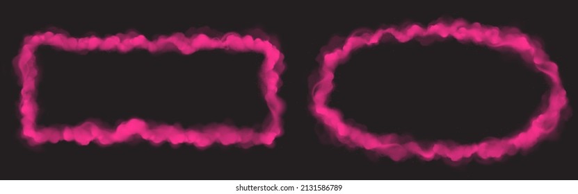 Pink smoke clouds frames isolated on black background. Vector realistic set of rectangular and oval borders with magic fog, dust or powder texture. Empty banners with color cloudy effect