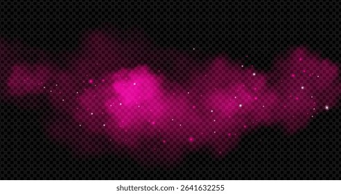 Pink smoke clouds with sparkle particles floating on transparent background. Magical fog effect with bright magenta mist and glowing stars. Fantasy atmosphere overlay for romantic or mystical design.