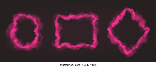 Pink smoke frames isolated on dark background. Vector realistic set of borders from magic fog, pink mist clouds in shape of circle, square and rhombus. Abstract banners with smoke texture frames