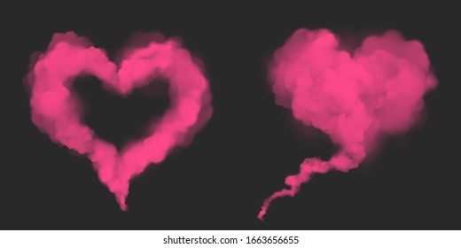 Pink smoke in heart shape. Love symbol from magic dust or powder. Vector realistic mockup of flow mist, transparent smoky stream. Design elements for Valentines day card isolated on dark background