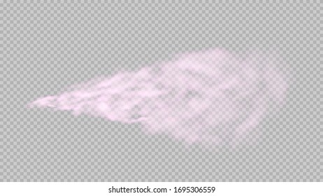 Pink smoke isolated on transparent background. Bright vector cloudiness, mist or smog background. Steam special effect. Realistic colorful fog or mist texture. Vector illustration of pink smoke