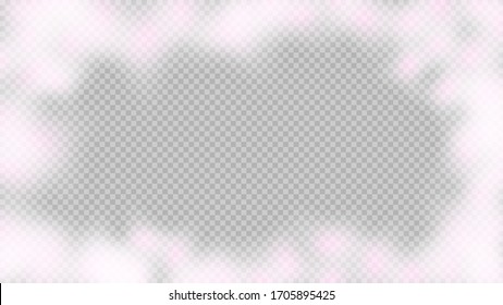 Pink smoke isolated on transparent background. Bright vector cloudiness, mist or smog background. Steam special effect. Realistic colorful fog or mist texture. Vector illustration of pink smoke