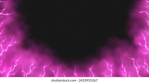 Pink smoke with lightnings abstract background, thunderbolts and vapor, lightning in pink fog. Neon haze with energy charges. Vector illustration.