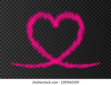 Pink Smoke  Plane  Heart Trail Isolated On Transparent Background.  Love. Steam  Effect.  Realistic  Vector Fog Or Cloud  For Valentine Day Banner Template .